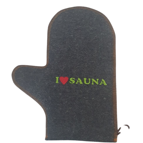 Rukavica do sauny, šedá plsť so zeleným nápisom