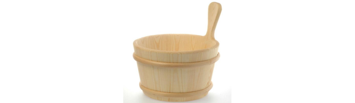 Drevené a hliníkové saunové vedrá, naberačky a podhlavníky do sauny